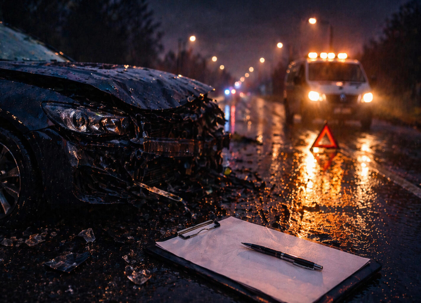 Nachtunfall bei Regen mit Einsatzfahrzeug Nachtunfall bei Regen mit Einsatzfahrzeug